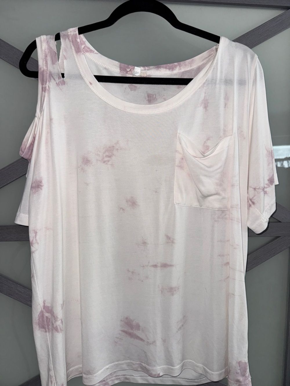 POL Women's Pale Pink Tie-Dye Short Sleeve Off Shoulder Pocket Tee